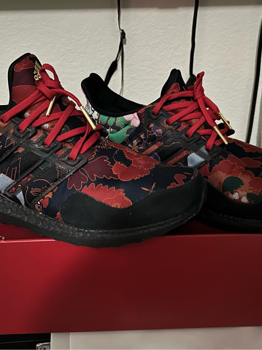adidas Athletic Shoes Red Black Floral Pattern